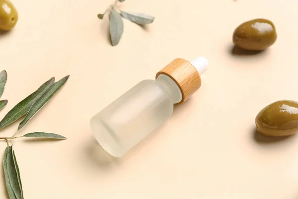 Bottle Essential Olive Oil Color Background — Stock Photo, Image