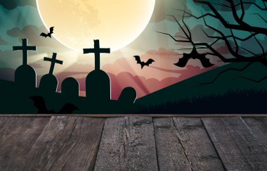 Gece mezarlığındaki boş tahta masa. Cadılar Bayramı