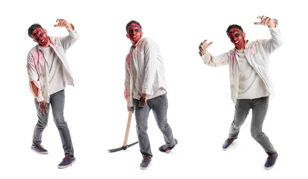 Conjunto Homem Zumbi Assustador Fundo Branco — Fotografia de Stock