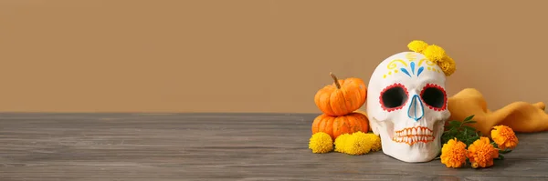 Painted Human Skull Mexico Day Dead Dia Muertos Pumpkins Flowers — Stock Photo, Image