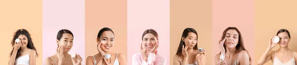 Set Van Vrouwen Met Verschillende Cosmetische Crèmes Kleur Achtergrond — Stockfoto