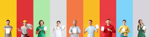 Set Different People Tablet Computers Colorful Background — Stock Photo, Image