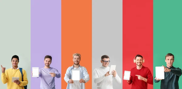 Set Van Verschillende Mannen Met Tablet Computers Kleurrijke Achtergrond — Stockfoto