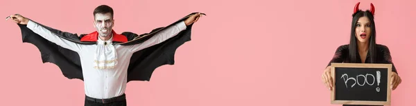 Баннер Людьми Костюмах Хэллоуина Розовом Фоне — стоковое фото