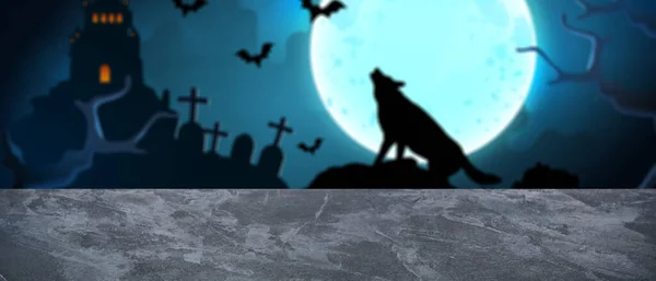 Halloween Prapor Prázdným Stolem Nočním Hřbitově — Stock fotografie