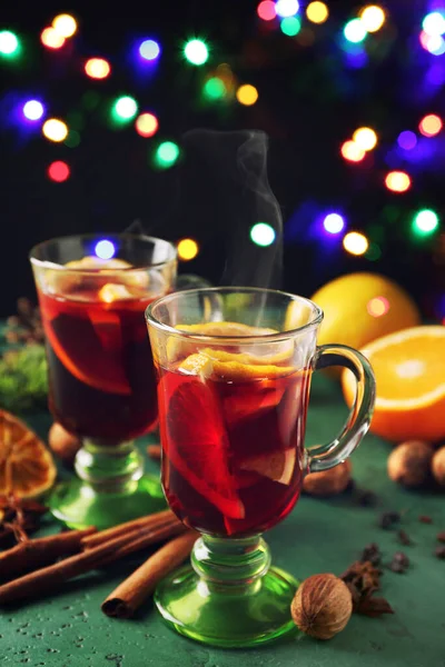 Glass Cups Delicious Mulled Wine Table — Stock Photo, Image