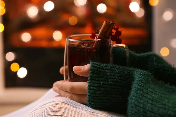 Woman Glass Cup Tasty Mulled Wine Closeup — Stock Photo, Image
