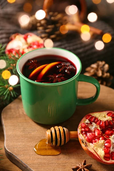 Mug Tasty Mulled Wine Honey Pomegranate Table — Stock Photo, Image