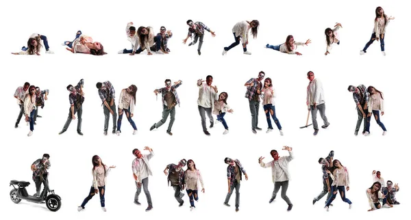 Ensemble Nombreux Zombies Effrayants Sur Fond Blanc — Photo