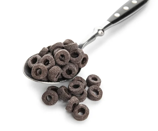 Cuchara Con Anillos Cereal Negro Sobre Fondo Blanco Primer Plano —  Fotos de Stock