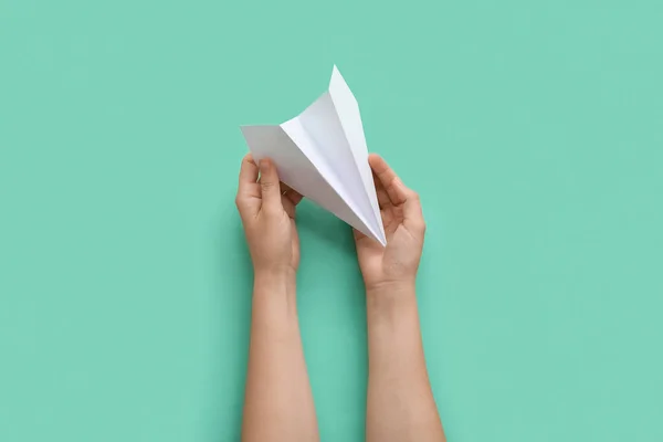 Woman White Paper Plane Color Background — Stock Photo, Image