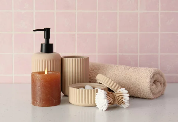 Bath Accessories Burning Candle Table Pink Tile Wall — Stock Photo, Image