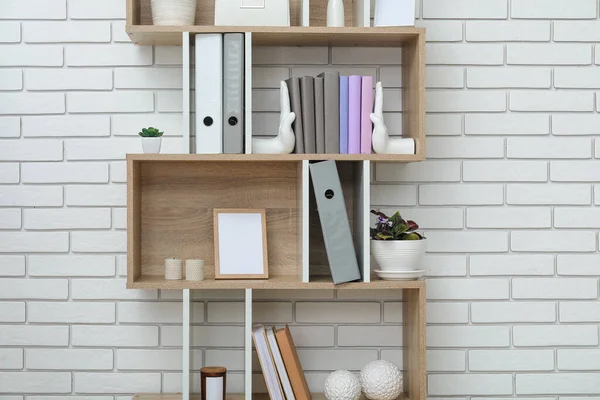 Shelving Unit Stylish Holder Books Houseplants White Brick Wall —  Fotos de Stock