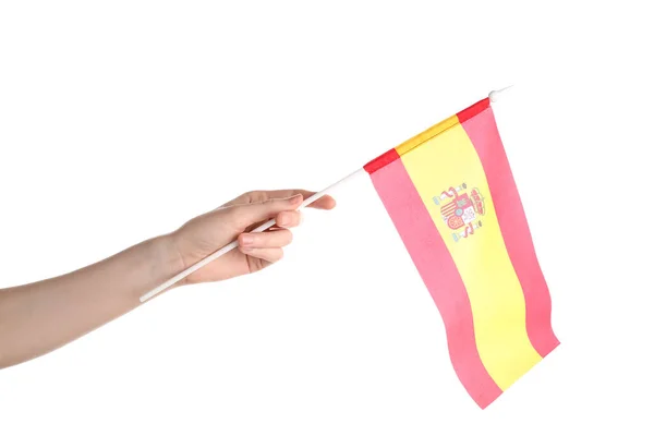 Γυναίκα Σημαία Της Ισπανίας Λευκό Φόντο — Φωτογραφία Αρχείου