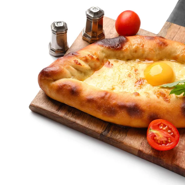 Wooden Board Tasty Ajarian Khachapuri Isolated White Background — Stock Photo, Image