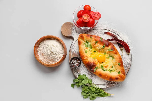 Composition Tasty Ajarian Khachapuri Flour Tomatoes White Background — Stock Photo, Image