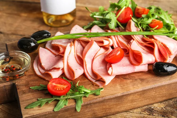 Board Sliced Delicious Ham Wooden Table Closeup — Stock Photo, Image