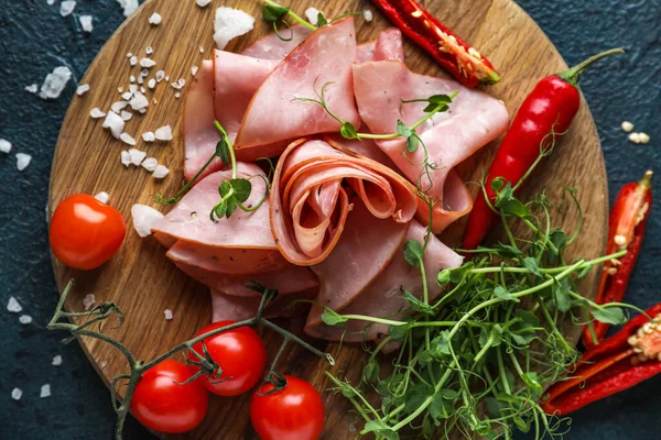 Wooden Board Slices Tasty Ham Vegetables Microgreen Dark Color Background — Stock Photo, Image