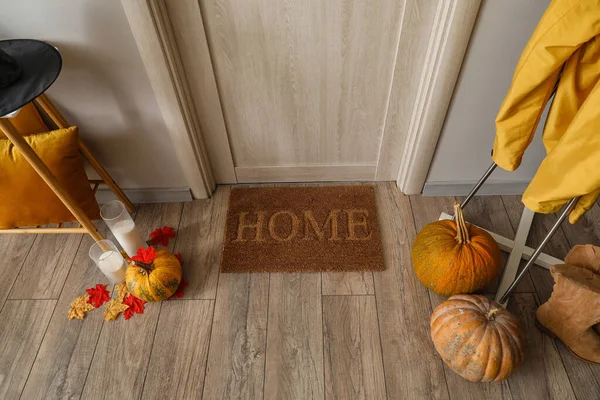 Door Mat Halloween Pumpkins Hall — Stock Photo, Image