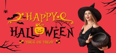 Kırmızı arka planda güzel cadılı Cadılar Bayramı afişi