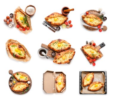 Beyaz arka planda Ajarian Khachapuri seti, üst manzara