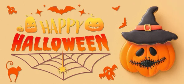 Banner Met Lekkere Halloween Koekjes Beige Achtergrond — Stockfoto