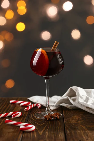 Glass Delicious Mulled Wine Wooden Table — Stock Photo, Image