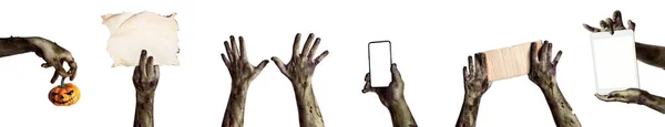 Många Händer Skrämmande Zombies Håller Olika Objekt Vit Bakgrund — Stockfoto