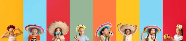 Collage Con Molte Bambine Messicane Sfondo Colorato — Foto Stock