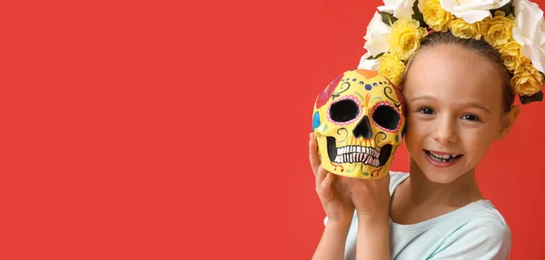 Little Girl Painted Human Skull Red Background Celebration Mexico Day — Stock Photo, Image