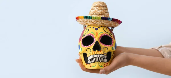 Hands Holding Painted Skull Sombrero Light Background Celebration Mexico Day — Stock Photo, Image