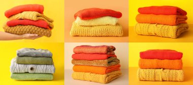 Renk arkaplanında sıcak süveter yığınları olan kolaj