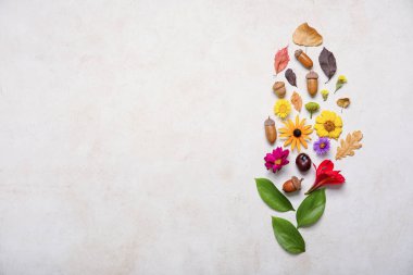 Çiçekli sonbahar kompozisyonu ve arka planda doğal orman dekoru