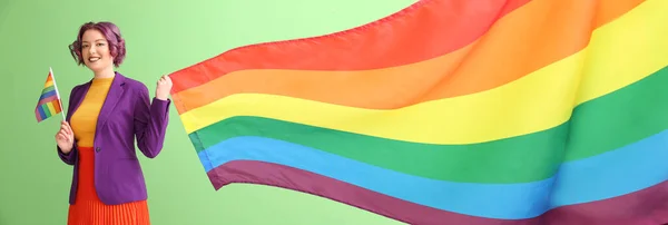 Young Woman Lgbt Flags Green Background — Zdjęcie stockowe