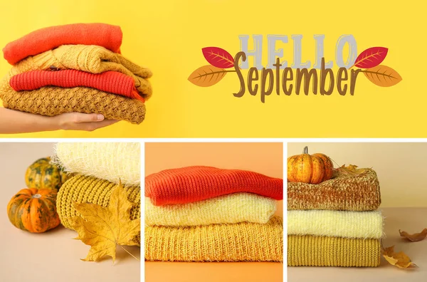 스웨터와 콜라주와 Hello September — 스톡 사진
