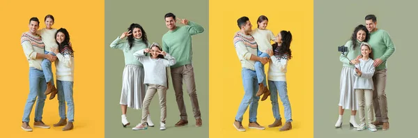 Collage Happy Family Warm Sweaters Yellow Green Background — Stock Photo, Image