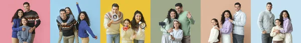 Kolaż Szczęśliwej Rodziny Ciepłych Swetrach Tle Koloru — Zdjęcie stockowe