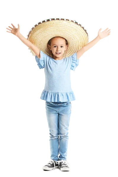 Feliz Niña Mexicana Sombrero Sombrero Sobre Fondo Blanco — Foto de Stock