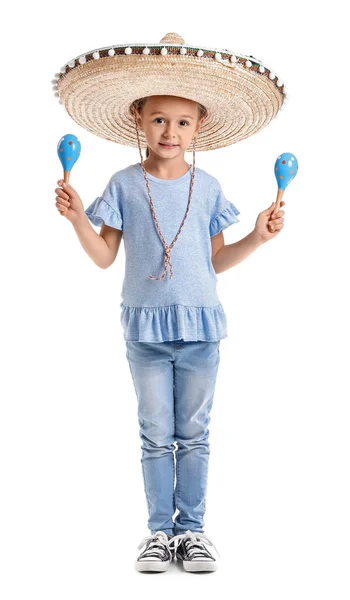 Aranyos Kis Mexikói Lány Sombrero Kalap Maracas Fehér Háttér — Stock Fotó