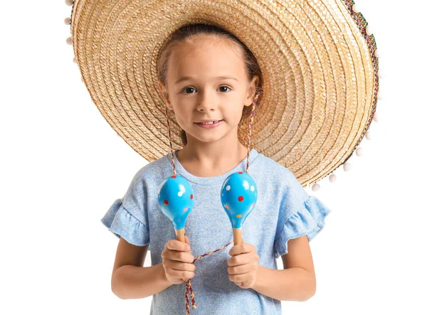 Beyaz Arka Planda Marakas Şapkalı Tatlı Meksikalı Kız — Stok fotoğraf
