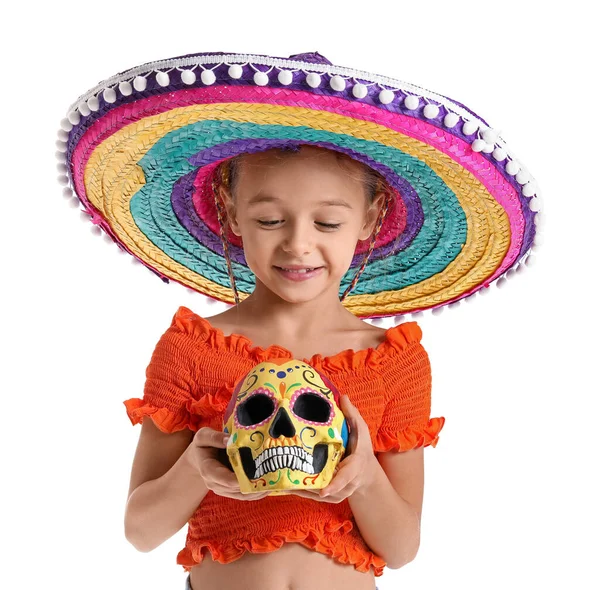 Petite Fille Chapeau Sombrero Avec Crâne Humain Peint Sur Fond — Photo