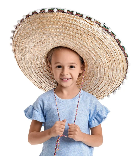 Boldog Kis Mexikói Lány Sombrero Kalap Fehér Háttér — Stock Fotó