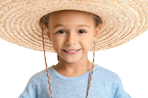 Feliz Niña Mexicana Sombrero Sombrero Sobre Fondo Blanco Primer Plano — Foto de Stock
