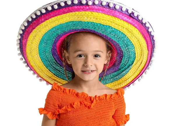 Маленька Мексиканська Дівчинка Барвистому Сомбреро Капелюсі Білому Фоні — стокове фото
