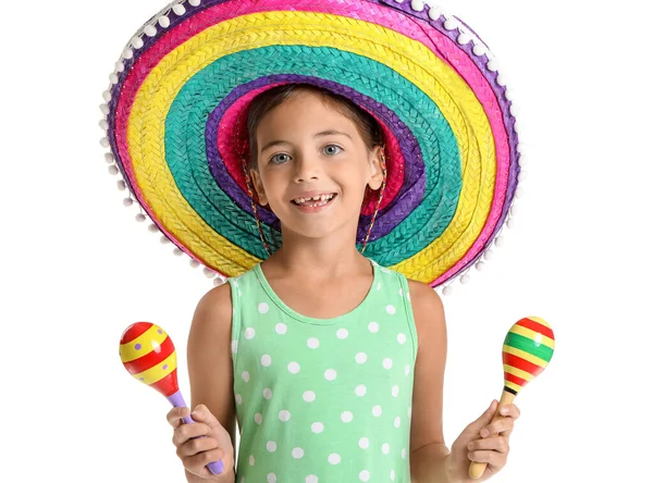 Boldog Kis Mexikói Lány Sombrero Kalap Maracas Fehér Háttér — Stock Fotó