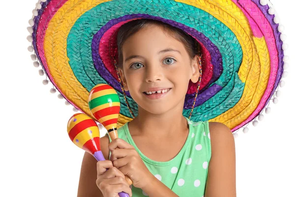 Happy Little Mexican Girl Sombrero Kapelusz Marakas Białym Tle — Zdjęcie stockowe