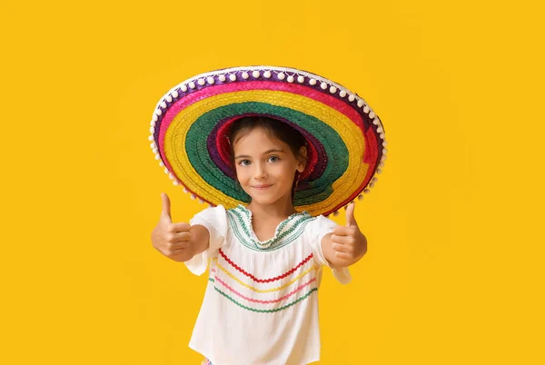 Happy Little Mexican Girl Colorful Sombrero Hat Yellow Background — Stock Photo, Image