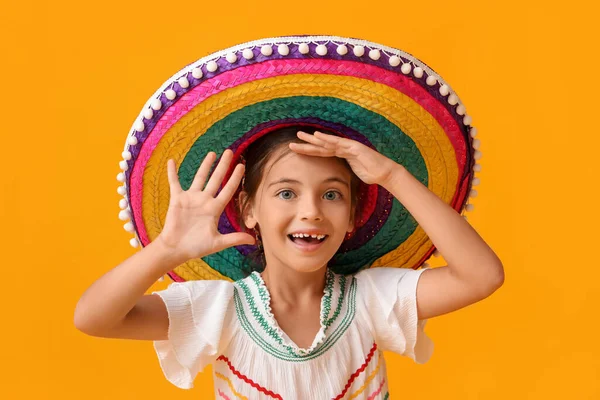 Happy Little Mexican Girl Colorful Sombrero Hat Yellow Background — Stock Photo, Image