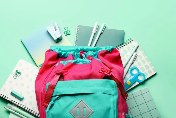 School Backpack Stationery Green Background — 스톡 사진