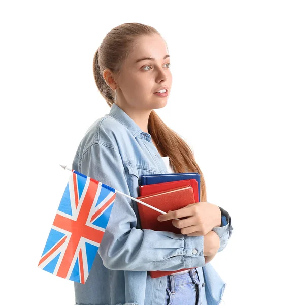 Jovem Com Bandeira Reino Unido Livros Sobre Fundo Branco — Fotografia de Stock